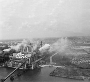 Black and white photo of old Ford factory